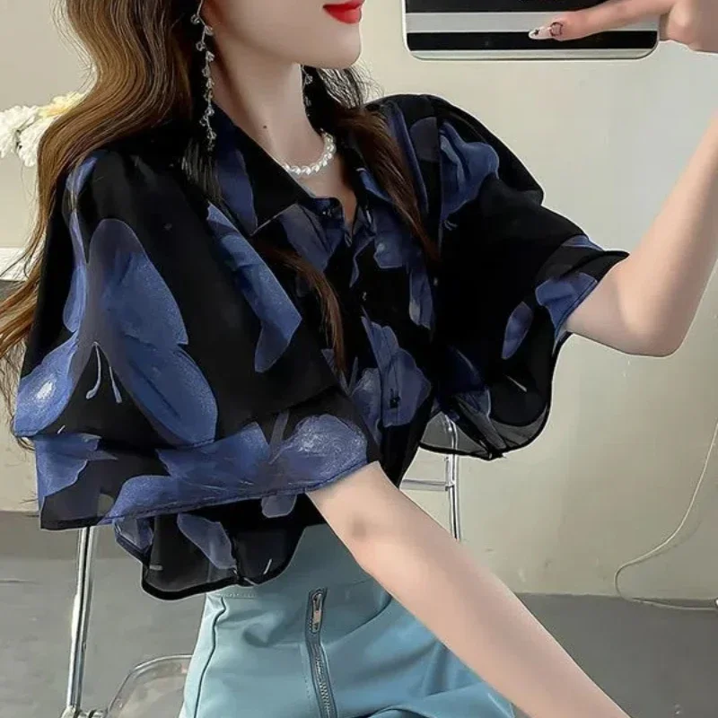 Vintage Summer Women's Shirts 2025 New Patchwork Polo Collar Button Print Ruffles Fashion Loose Short Sleeved Blouse Women Trend