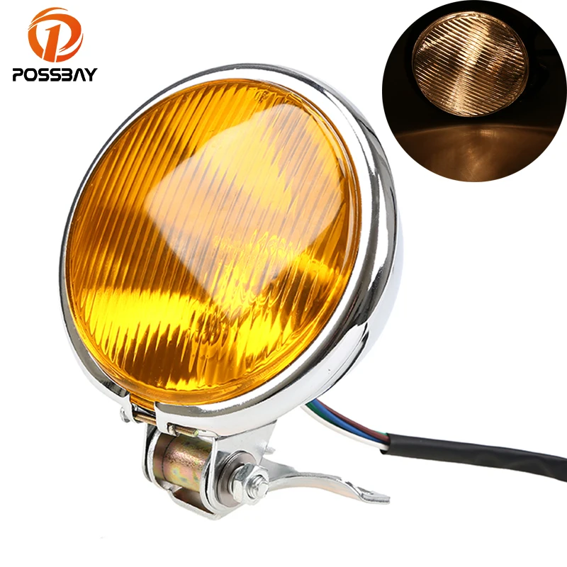 POSSBAY Chrome 12V Motorcycle Retro Headlight Amber High/Low Beam For Harley Touring Cafe Racer Bobber Custom Motocicleta lights