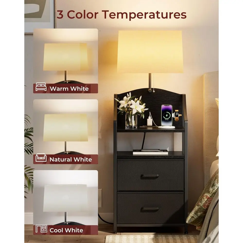 منضدة محطة شحن سوداء مع أدراج قماشية ومنفذ USB ومنافذ لغرفة النوم أو النوم