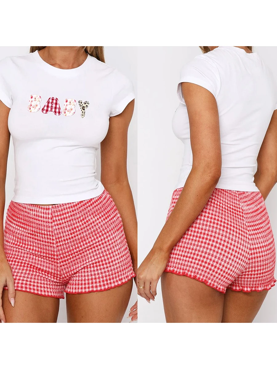 Women s Trendy Crop Tops Short Sleeve Round Neck  Letter Heart Patch Baby Tees