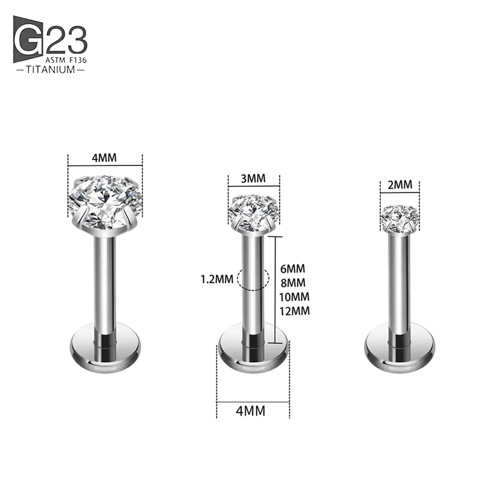 50/100 Stück ASTM F136 Titan Labret Piercing 16G Flatback CZ Ohr-Lippen-Piercing Knorpel Tragus Ohrring Zungenpiercing Körperschmuck – Detail 4