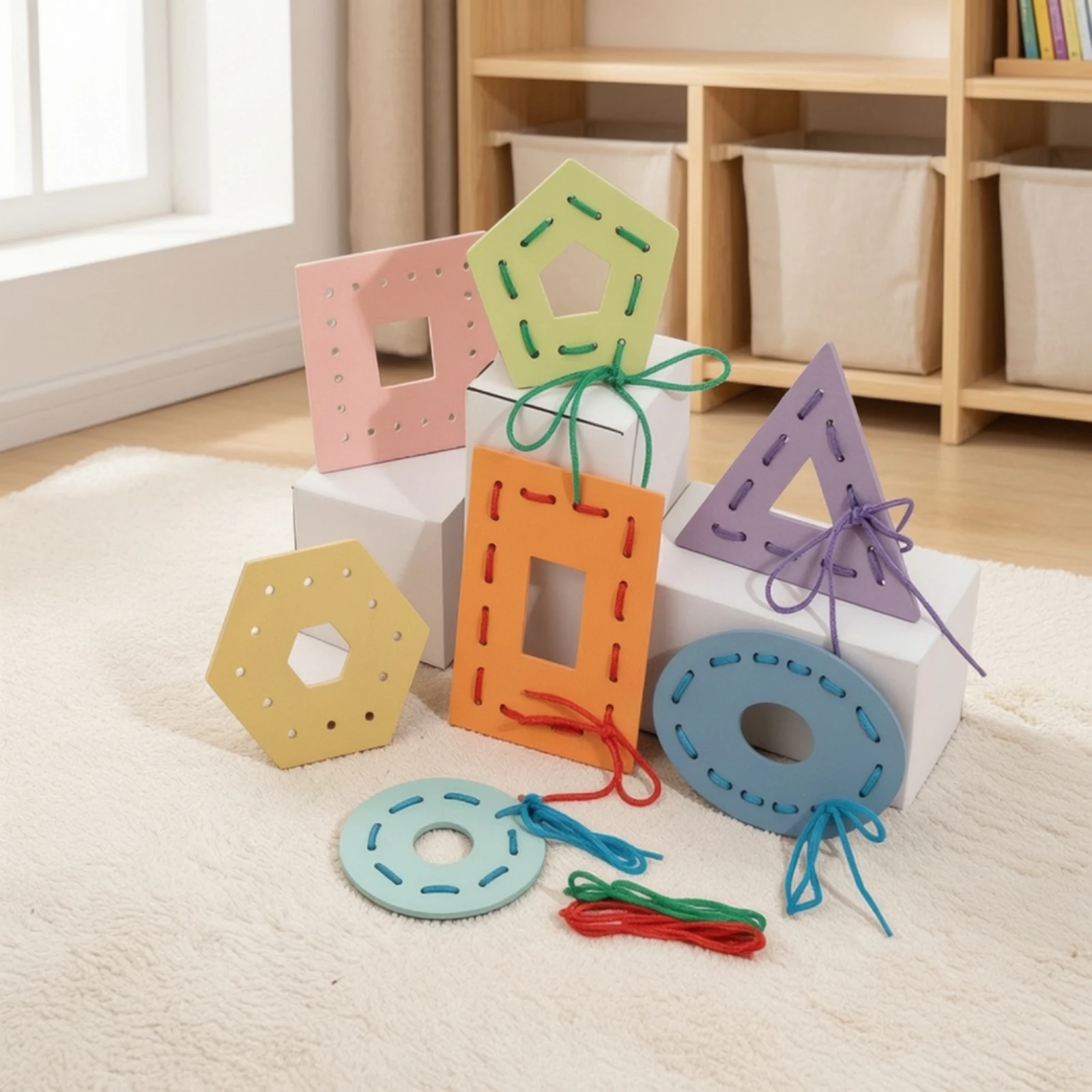 Geometric Lacing Toy Early Learning Geometric Threading Toy with Cords Fine Motor Lacing Board Set Colorful