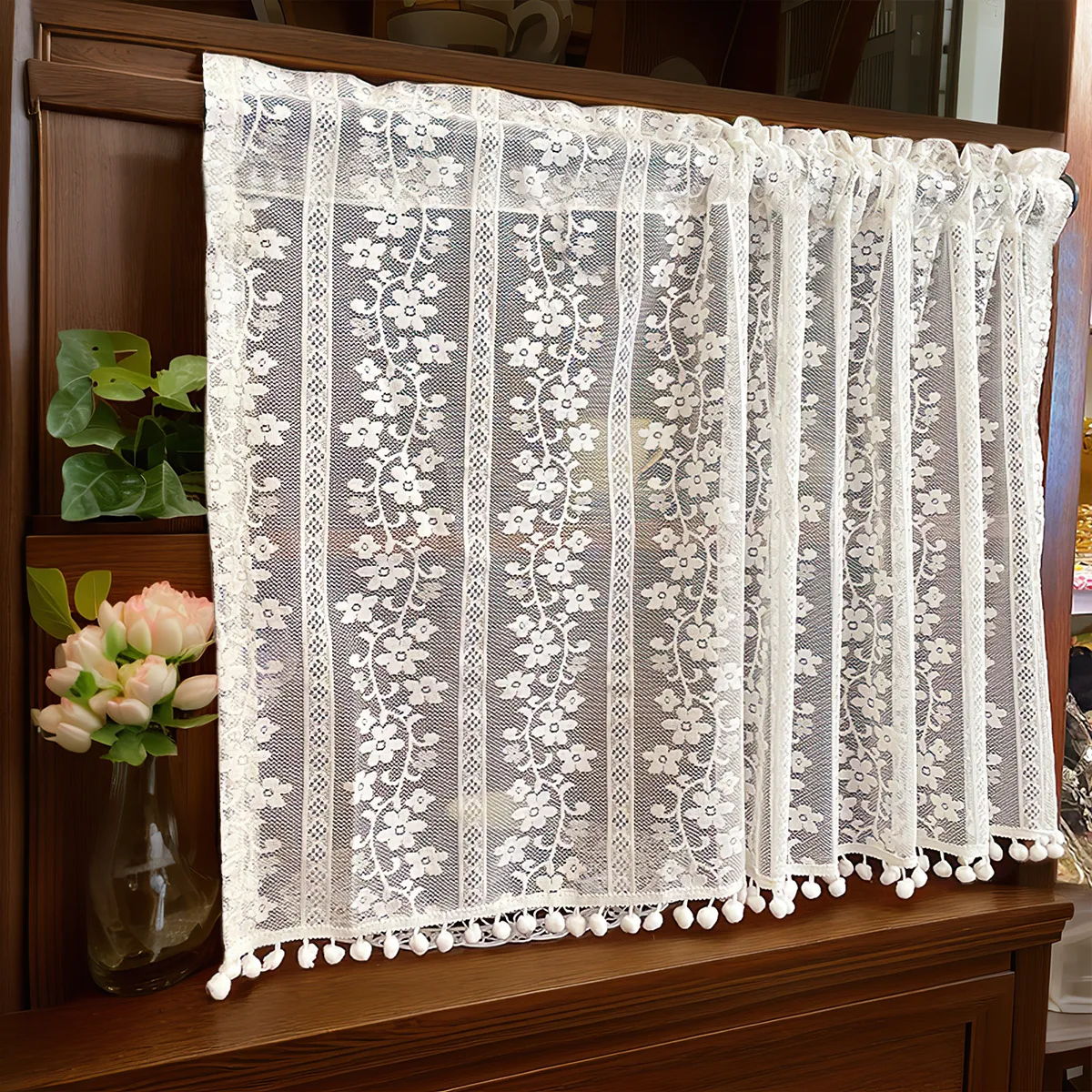 Window Valance White Roses Lace Short Curtain French Style Romantic with Boho Sheer Valances Rod Pocket Home Decor 140x60cm