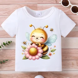 Summer Girls T-Shirt Round Neck Short Sleeve Bee Flower Print Top Korean Cute Full Moon Baby