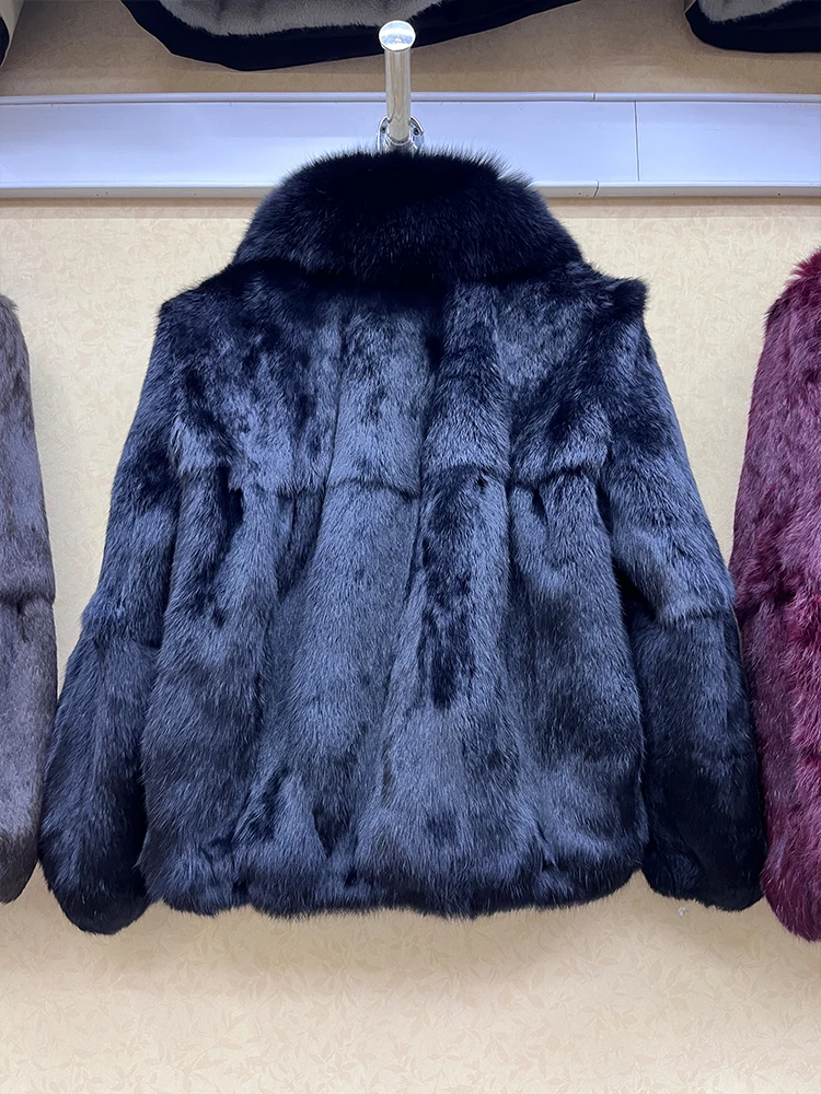 Abrigo de piel de conejo auténtica 100% a la moda con chaqueta con cuello de piel de zorro Natural de lujo abrigo de piel de conejo entera auténtica