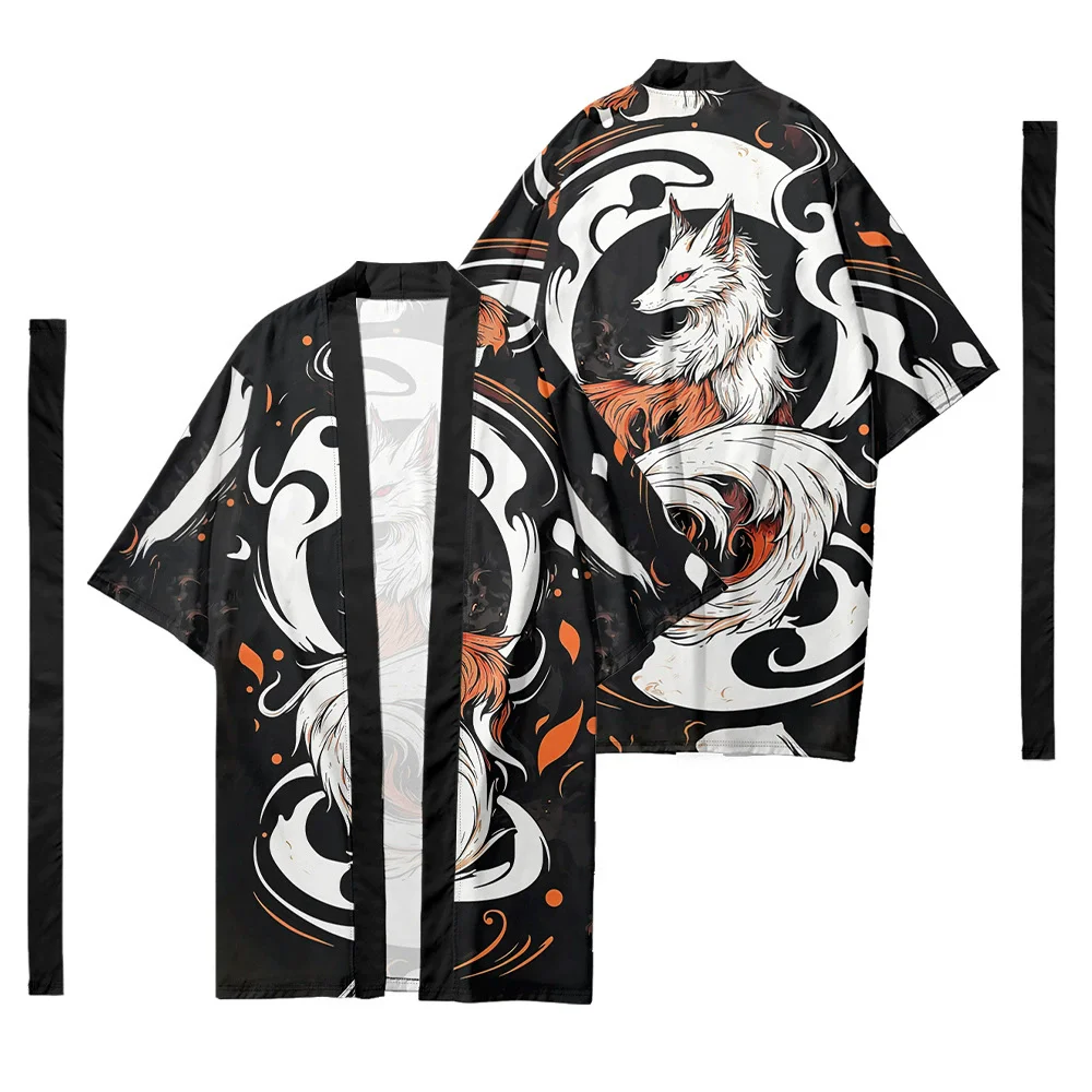 

Black Chinese Fox Printed Cardigan Harajuku Long Style Kimono Women Men Japanese Street Samurai Cosplay Yukata Tops Oversize