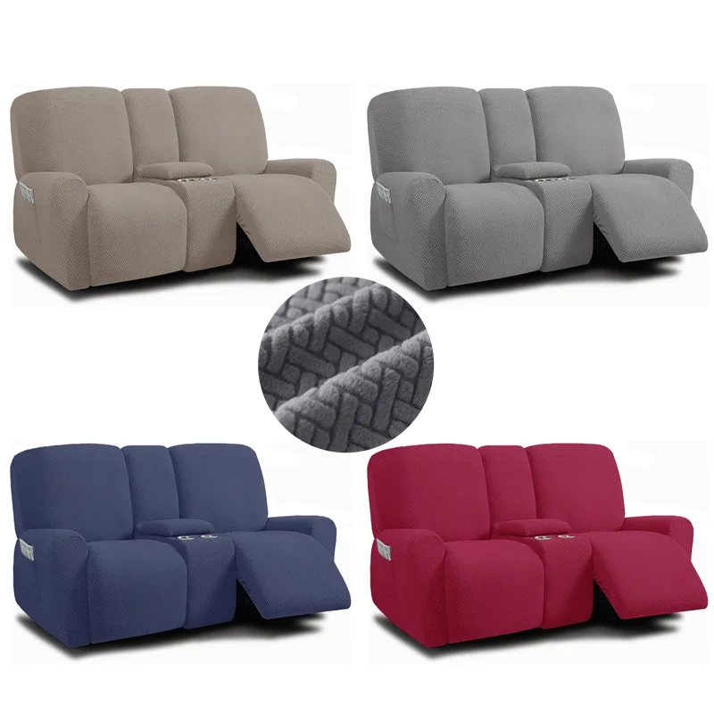 

2Seater Jacquard Recliner Sofa Covers Console Cover Reclining Armchair Slipcover Elastic Couch Cover with Cup Holder Home Decor