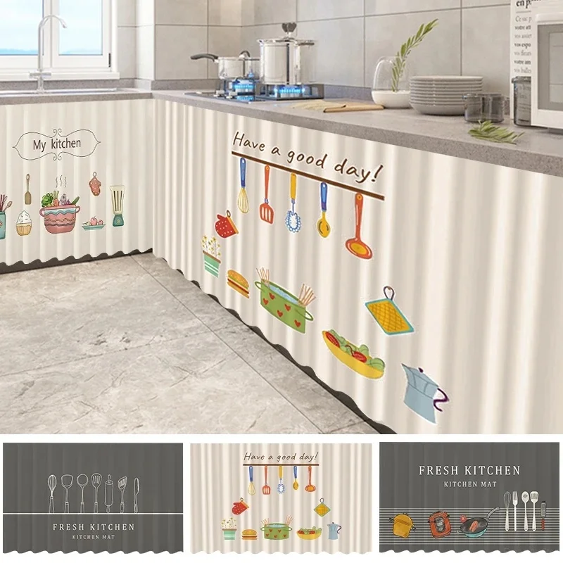 VIKAMA Kitchen Counter Curtain Grid Background Kitchen Utensils Print Dust‑Proof Short Curtain for Cabinet Sink Decor
