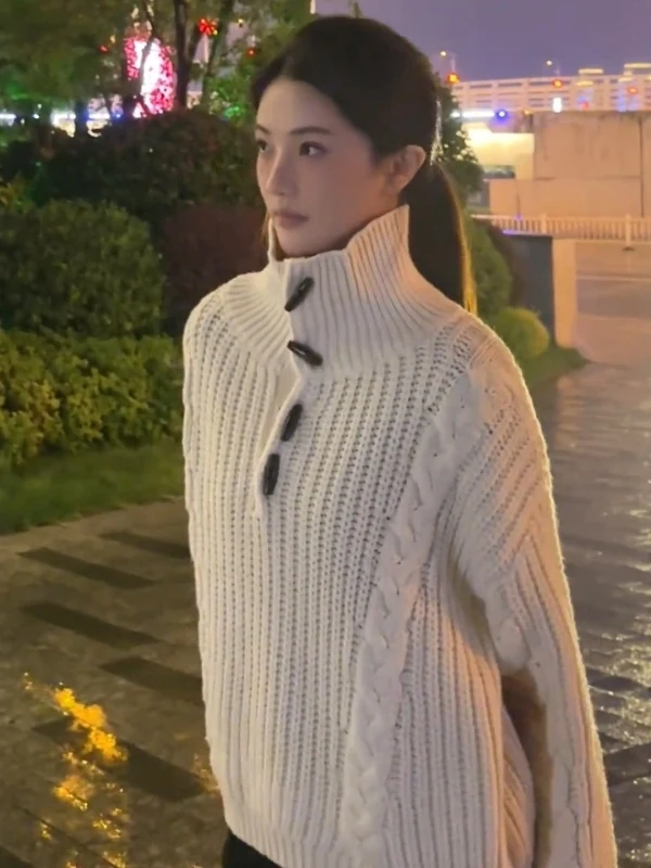 

Korean Sle High Collar Long Sve Twisted Knitwear Loose Fit Warm Top for Women Autumn Winter Faion Ele Loose Knit S...