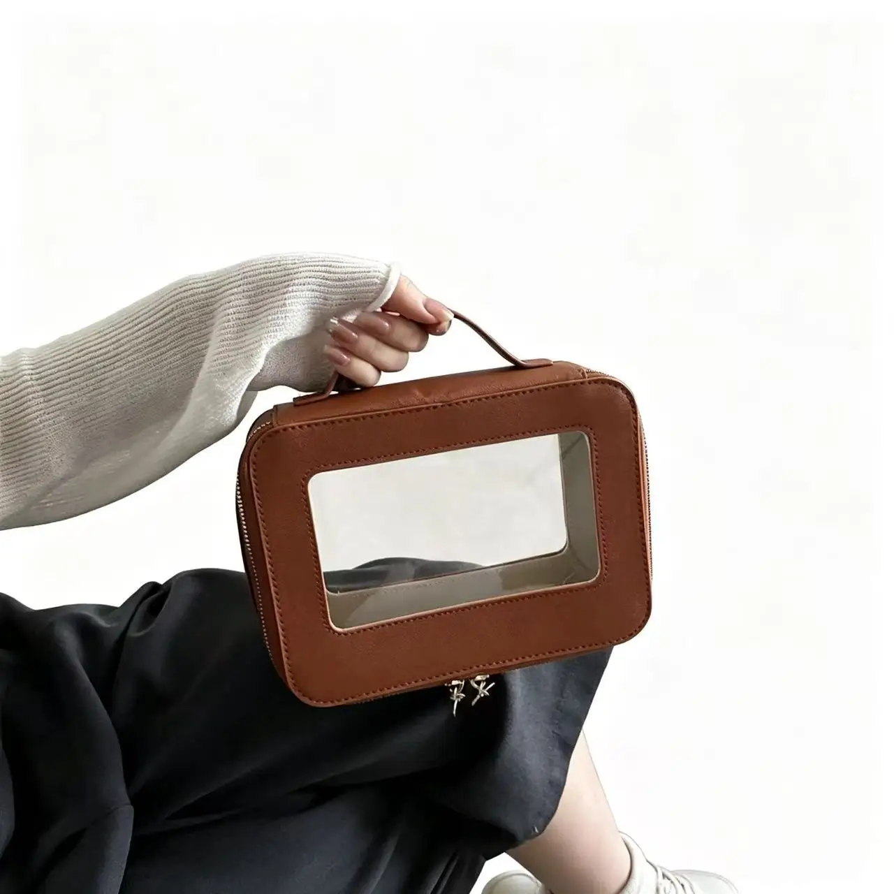Pu Waterproof Simple and Stylish Transparent Cosmetic Bag Large Capacity Portable Storage Small Square Bag Pvc High-End Stitching Handbag for Women