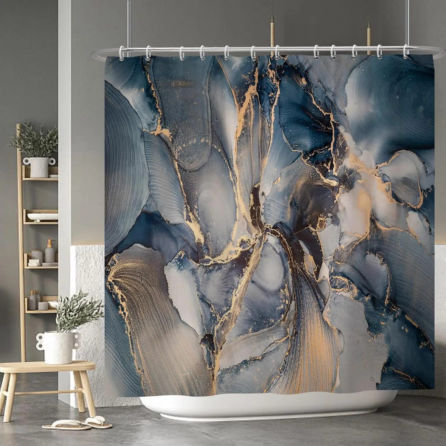 Blau-Goldener Marmor-Duschvorhang mit Farbverlauf-Druck, Abstrakte Moderne Duschvorhänge mit Haken für die Badezimmereinrichtung