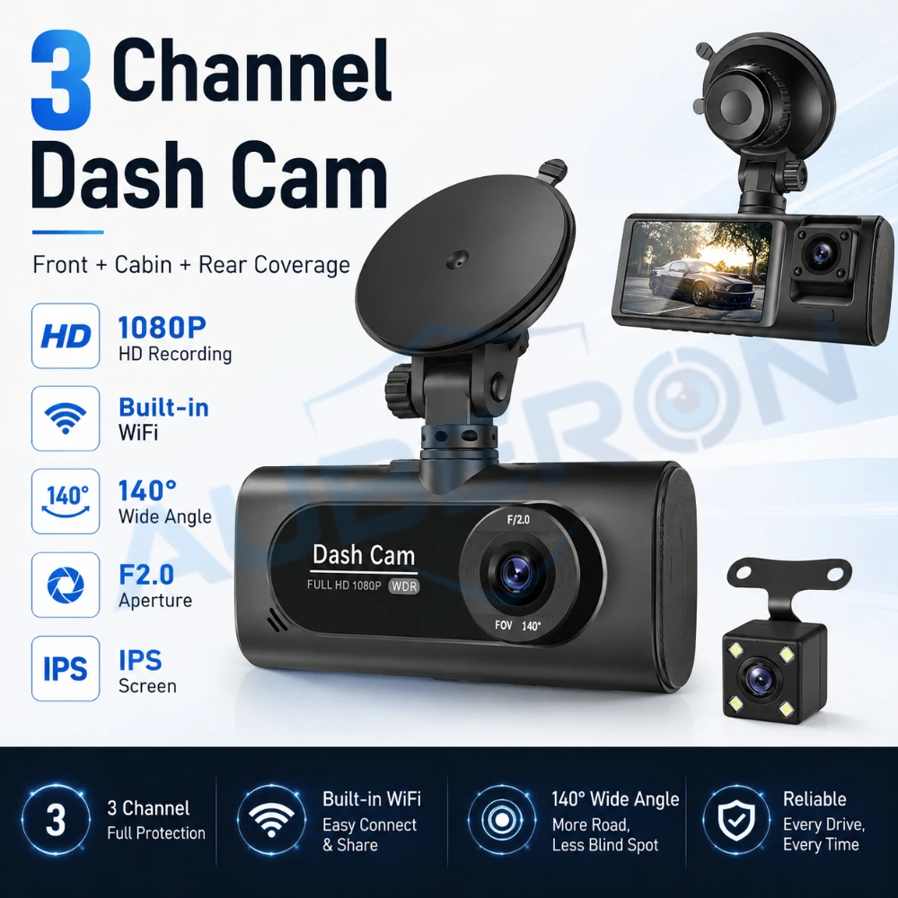 1080P 3 Channel Dash Cam Car Camera Recorder Front Cabin Rear View WiFi DVRs WDR G Sensor Loop Recording Reverse Camera Security