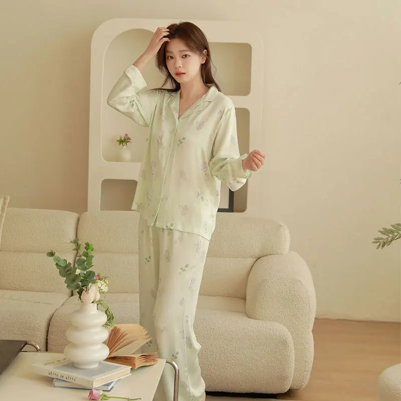 

Women Viscose Satin Floral Pajama Set Silky Soft V-Neck Lapel Button Down Long Sleeve Top & Pants Green Lilac Print Loungewear