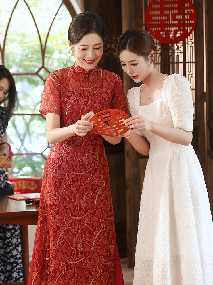 

Ele Young Mom Wedding Dr Evening Gown Faionable Retro Sle ort Sve Low Slit Polyester Fiber