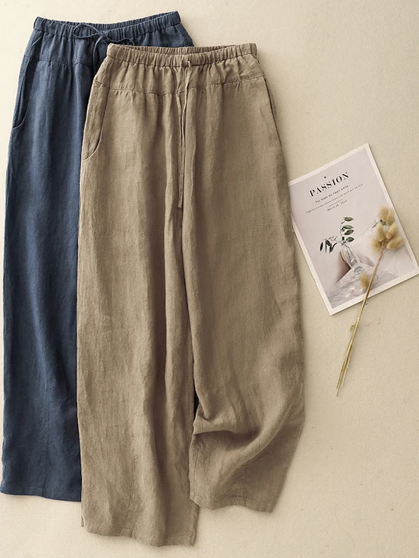 Summer New Style Artistic Retro Large Size Elastic Waist Loose Slimming Zen Mind Linen Casual Pants Women's Harlan Nine Points