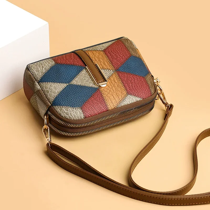 XOUHAM Color Block torby na ramię dla kobiet w stylu narodowym podwójny zamek błyskawiczny torba Crossbody damska portfel ze skóry PU modne torebki