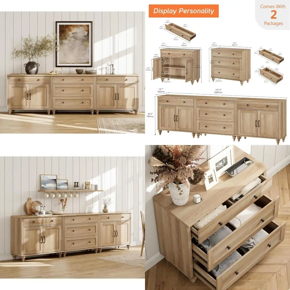 خزانة جانبية من الخشب الحبيبي العتيق مع 5 أدراج و4 أبواب، بوفيه تخزين مع قهوة لغرفة الطعام