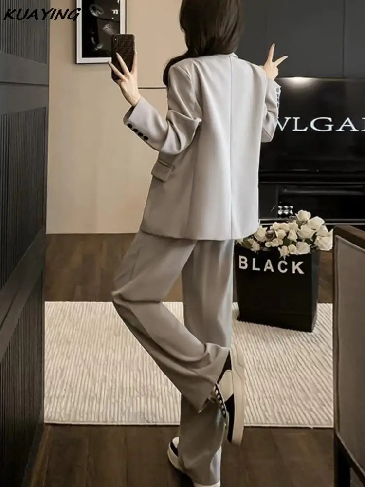 Women Chic Blazer High Waist Straight Pants Suits Vintage Solid Long Sleeve Office Lady 2 Pieces Sets Female Fashion Clothes