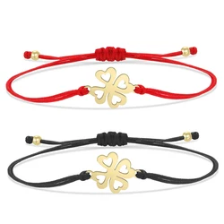 Gold-plated Stainless Steel Delicate Polish Four Leaf Clover Charm Bracelet Women Girl 2022 New Fashion Heart Red String Jewelry