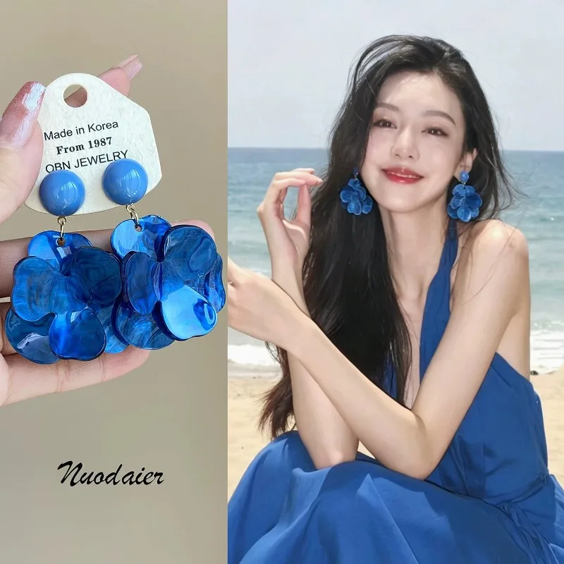 Earrings Clip on Blue Flower Oversized Statement Resort Lightweight Comfortable Flattering Face Summer  Party Gift for Women