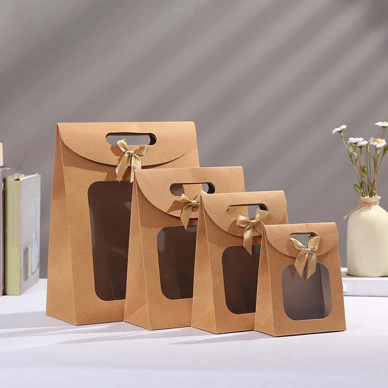 5pcs Transparent Window Kraft Paper Bags For Wedding Birthday Baptism Home Party Candy Gift Packaging Box Baking Takeaway Bag