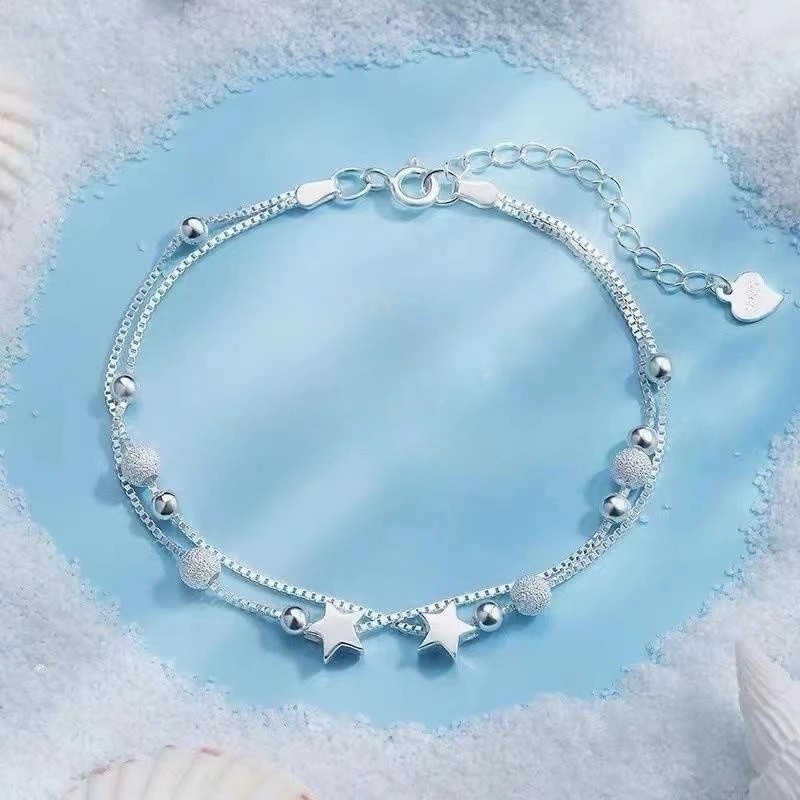 Scrubbed beads double star silver-plated bracelet female students simple ins niche design fashion Joker bracelet.