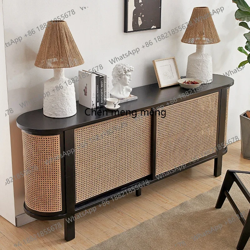 

Vintage Sideboard Cabinet Solid Wood French Style Antique Black Natural Wood Rattan Tea Cabinet for Home Use