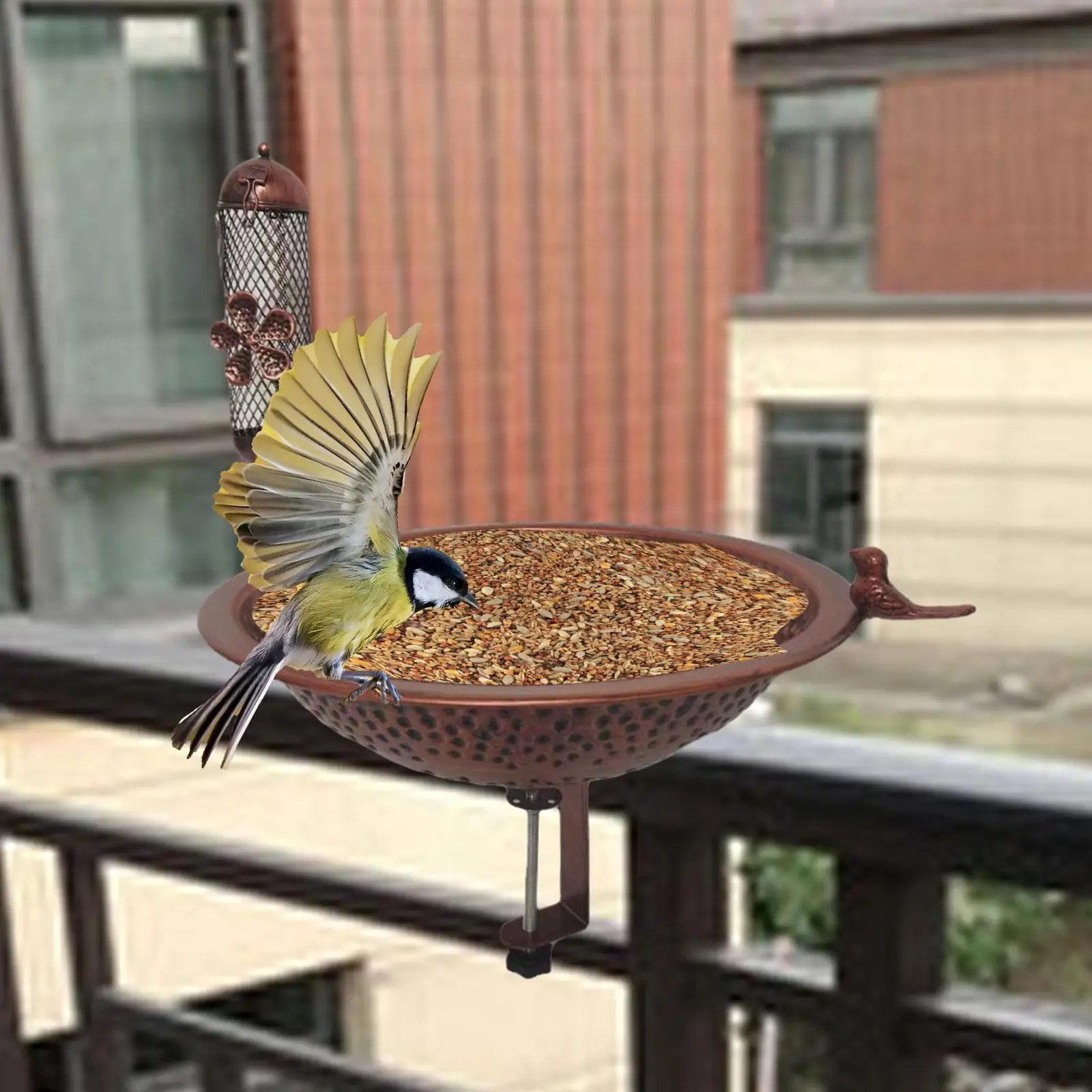 Birdbath Outdoor Garden Iron Bird Feeder Durable Water Bath Bowl Mount for Balcony Rail Home Decoration