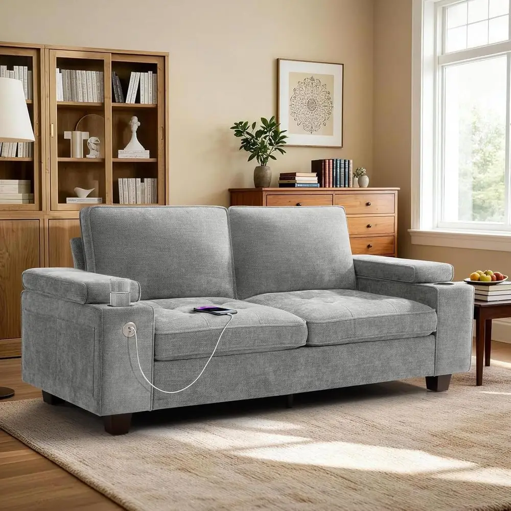 

84 Gray Chenille Loveseat Sofa with USB & Type-C Ports, Adjustable Armrest and Cup Holders for Small Living Rooms
