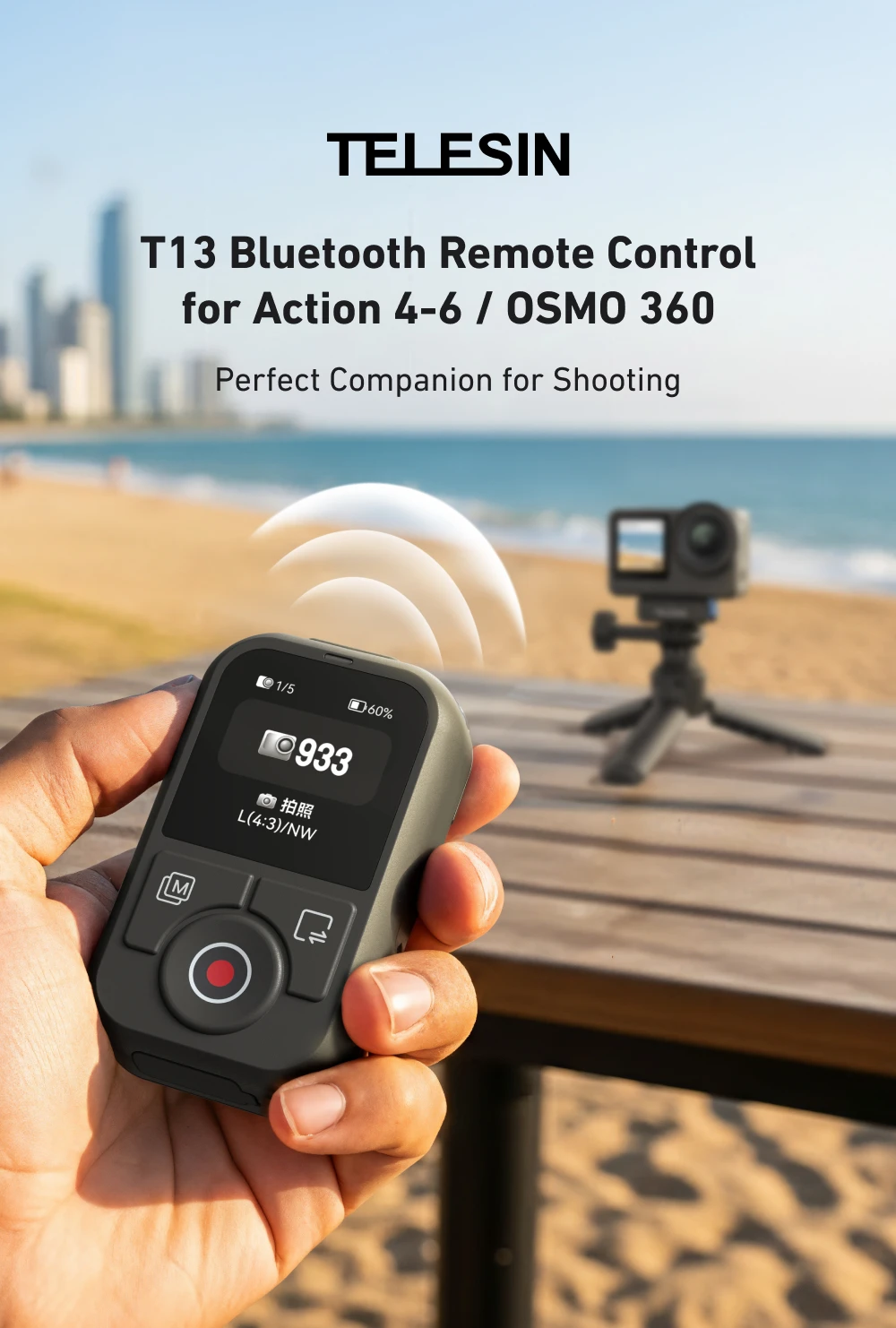 TELESIN 60M Bluetooth-Fernbedienung für DJI OSMO Action 6 5pro 4 OSMO 360 mit Handgelenkschlaufe und Bildschirmanzeige für DJI Action 4 5 6 – Detail 1