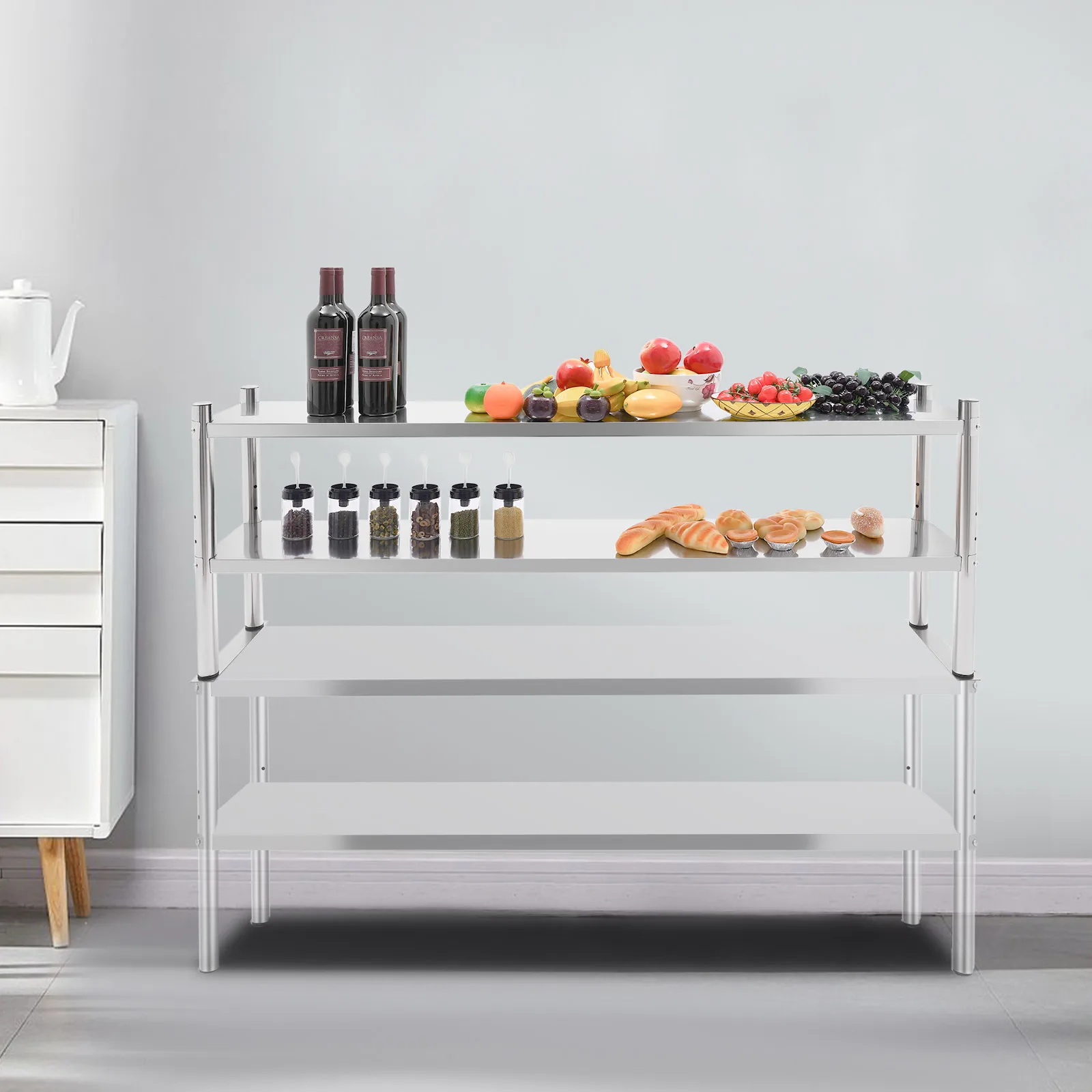 

2-Tier Stainless Steel Shelving - 88LBS/40KG Per Layer Load Adjustable Height 2" 11.8" Spacing Floor Standing