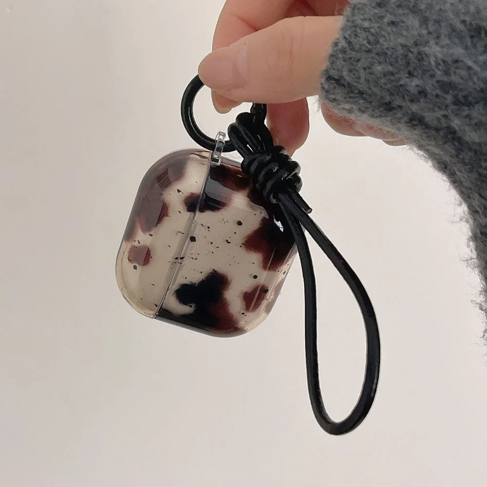 Cute Black Agate Dizzying Dirty Spot Case For AirPods 1 2 3 Pro 2 4 ANC Pro2 Earphone Protective Cover with Keyring Leather Rope
