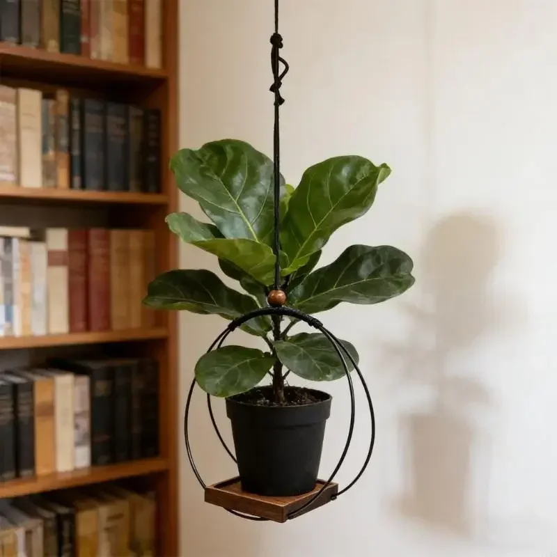 Indoor Decoration Hanging Planter Black with Wooden Base Accommodates 3 to 5.5 Pots Inch for Wall Ceiling