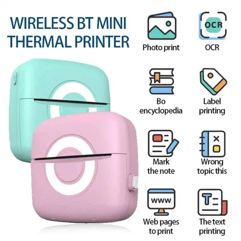 Mini Pocket Printer Sticker Label Printer Inkless Bluetooth Wireless Thermal Printer Photo Printing Portable Printer Office