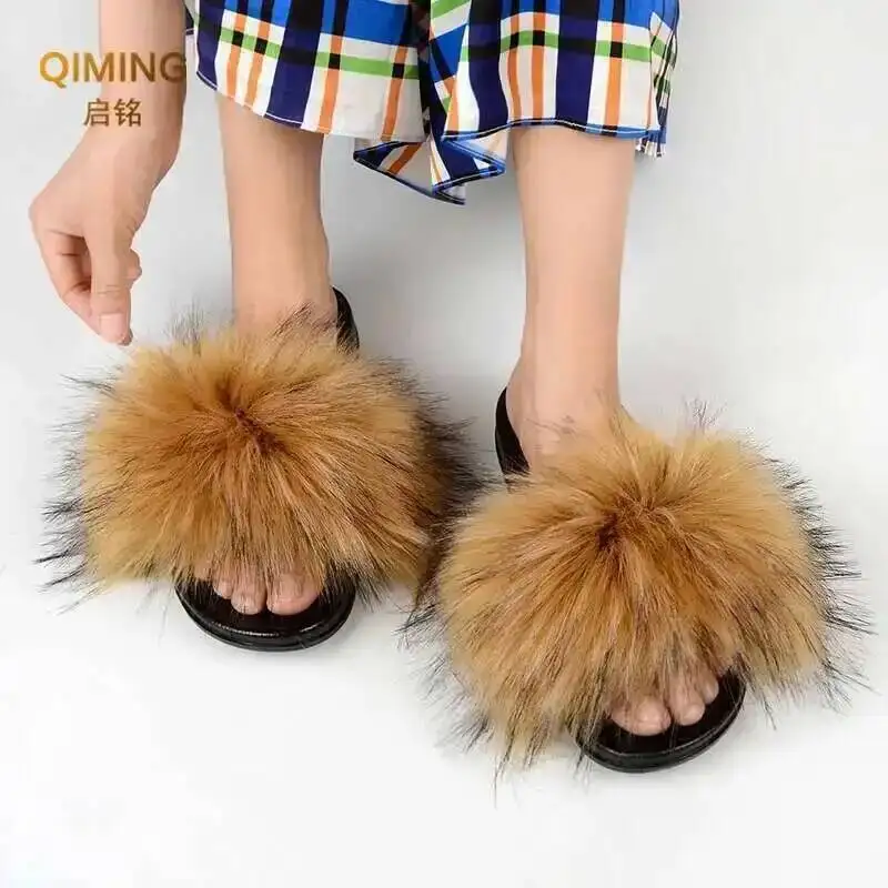 Summer Faux Fur Slippers Fuzzy Fur Slides For Women Fluffy Sandals Indoor Outdoor Ladies Shoes Woman Slipper Furry Flip Flops