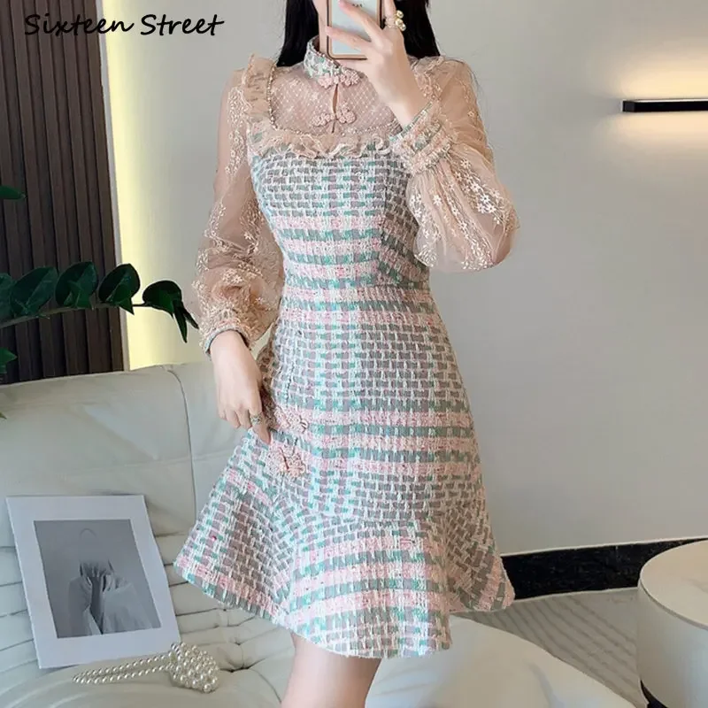 

Apricot Elegant Dress for Women Patchwork Mesh Long-sleeve Mini Vestido Party Autumn High Waist Womens Clothing Spring