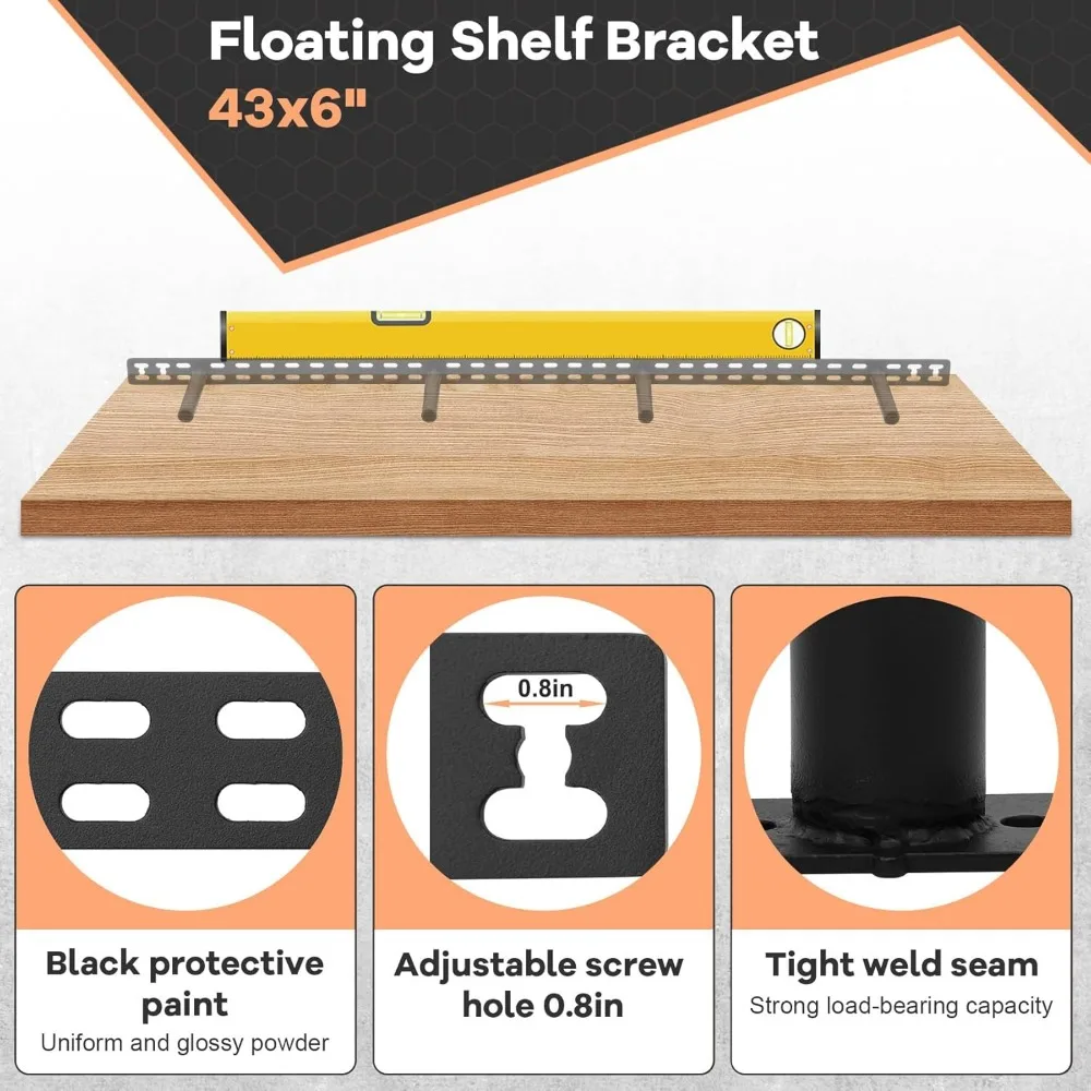 دعامات أرفف عائمة كبيرة الحجم مقاس 43 × 6 بوصة، أجهزة تثبيت على الحائط مخفية، فولاذ صلب سميك لدعم قوي، متينة #3
