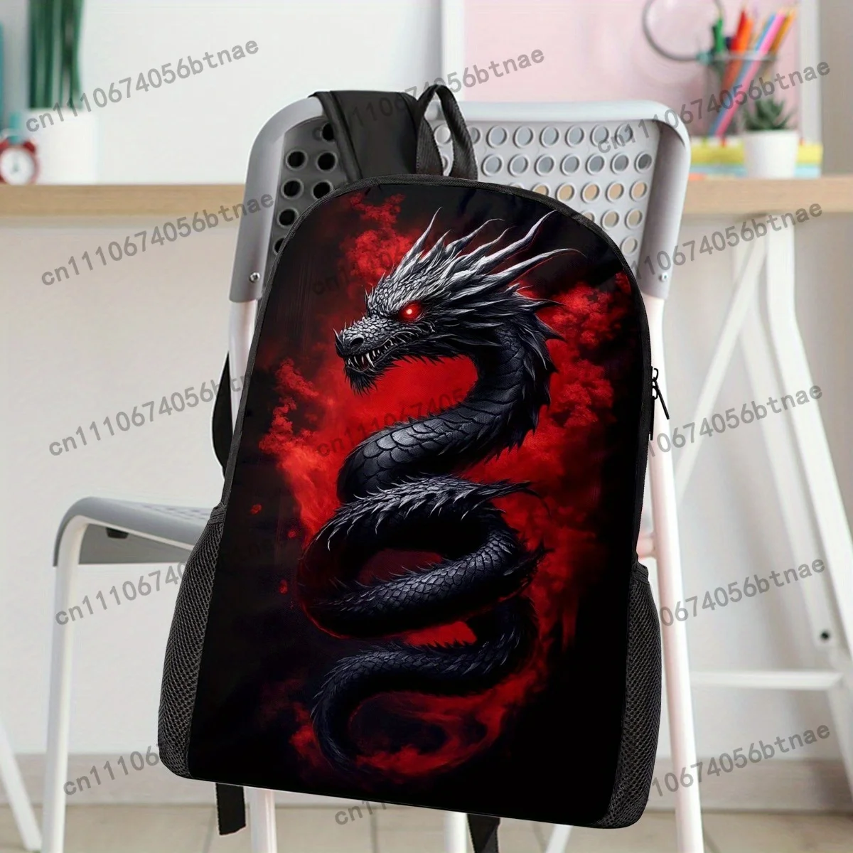 Black Dragon Themed Backpack Set 3pcs, Full Bundle Includes Durable Large-Capacity Bookpack & Insulated LunchBox & Versatile Org view 3