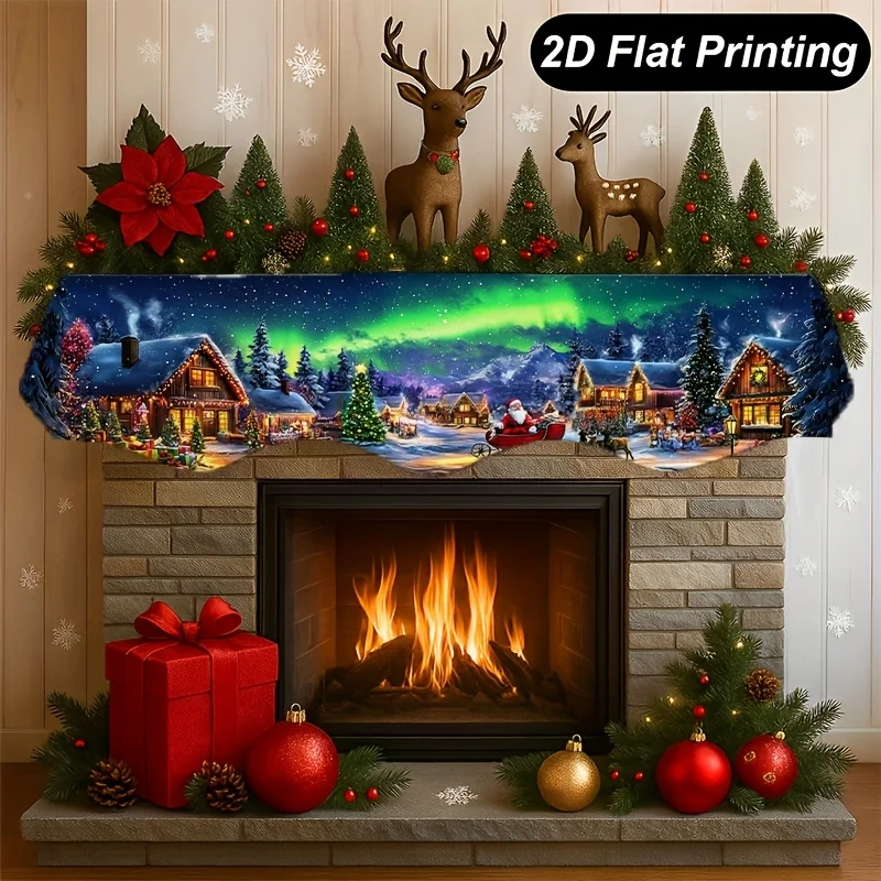 VIKAMA Christmas Aurora Snow Cabin Fireplace Mantel Scarf Mantel Cover for Xmas Seasonal Fireplace Shelf Party Home Decoration