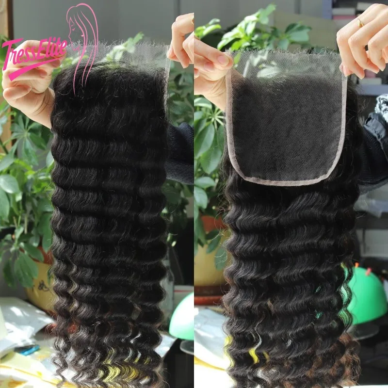 Onda profonda 5x5 Chiusura in pizzo svizzero 12A Capelli umani vergini brasiliani Parte libera Pre pizzicata con capelli del bambino Colore naturale 8-22''