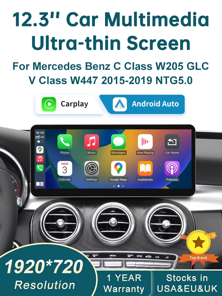 RoadTop DE Kabelloses CarPlay Android Auto Multimedia Linux-Display für Mercedes-Benz C-Klasse W205 GLC V W447 NTG 5.0 2015-2018