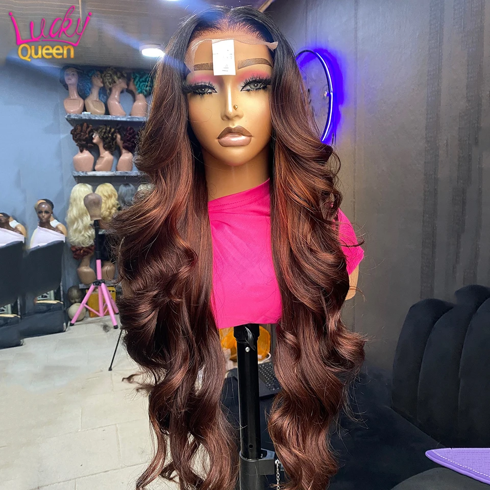 

Brown Color With Black Roots 180 Density Body Wave Transparent Lace Frontal Wigs 13X6 Body Wave Human Hair Pre Plucked for Women