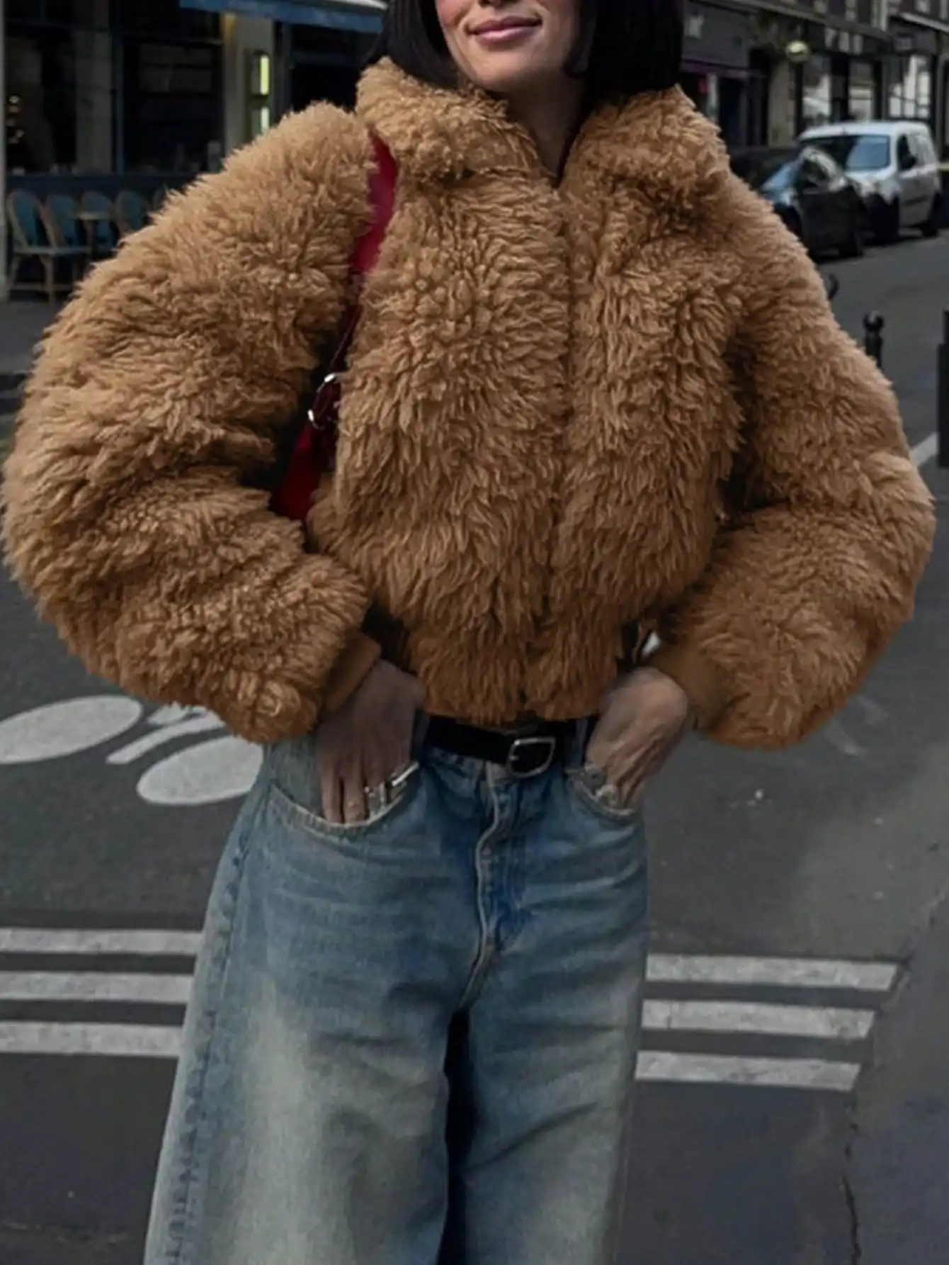 Bruine teddyfleece cropped jas voor dames, ritssluiting, reverskraag, pluizige korte jas, winterwarme bovenkleding