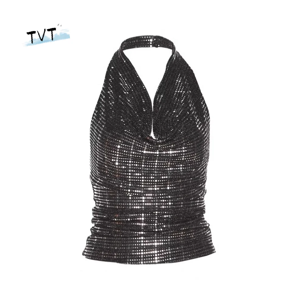 

V-neck Glitter Tank Top Vest Sling Backless Sweet Spicy Slim Camisole Sleeveless Spicy Girl Style Glitter Hanging Neck Top Party