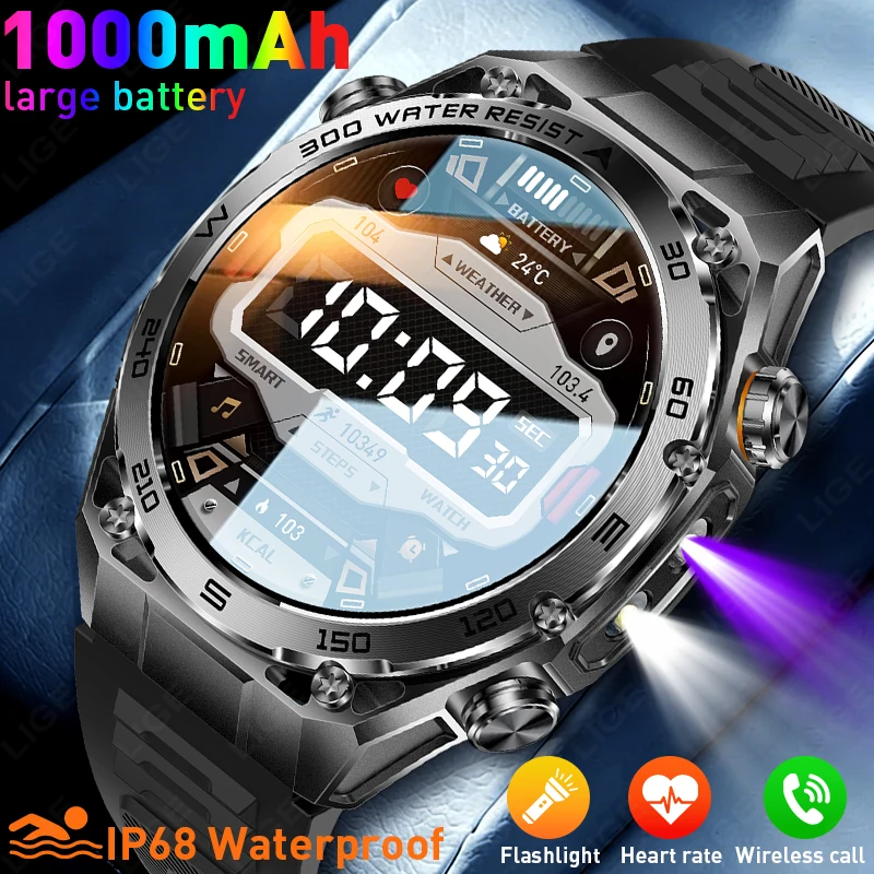 

LIGE Men Military Grade Smartwatch HD Screen 1000mah Battery 5ATM Waterproof 100+sport Mode Heart Rate BT Call Men's Smart Watch