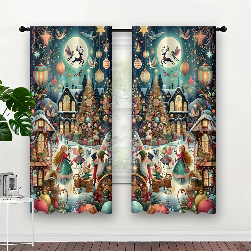 Xmas Fairyland Curtain Panels,Cute Elf Reindeer Moon Bauble Magical Snow Town Festive Pattern Print Drapes for Living Room Decor