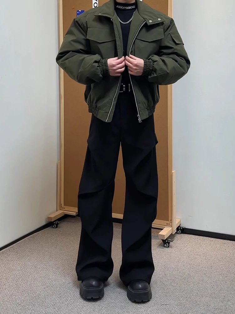 

Cleanfit Men's Autumn Winter Bla Fce Lined Loose Wide Leg Pants Folded Micro Flared Straight Cut Casual Trousers