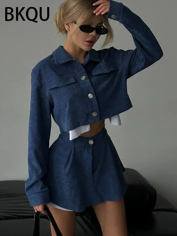 BKQU Fashion Two Piece Sets Women Jacket Outfit 2024 Vintage Long Sleeve Button Coat+High Waist Mini Skirt Female Y2K Streetwear