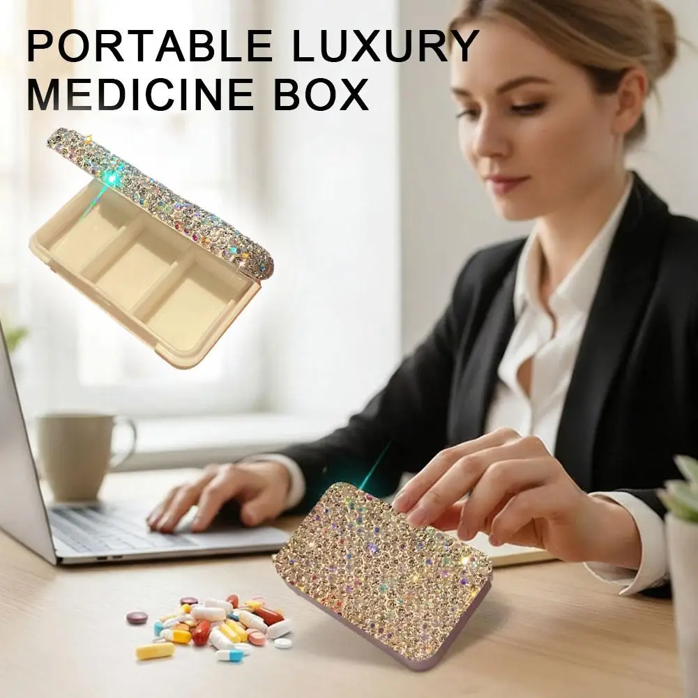 Upgrade Portable 3 Compartments Daily Pill Organizer,Small Travel Pill Case for Purse or Pocket to Hold Vitamin ,Bling Bling