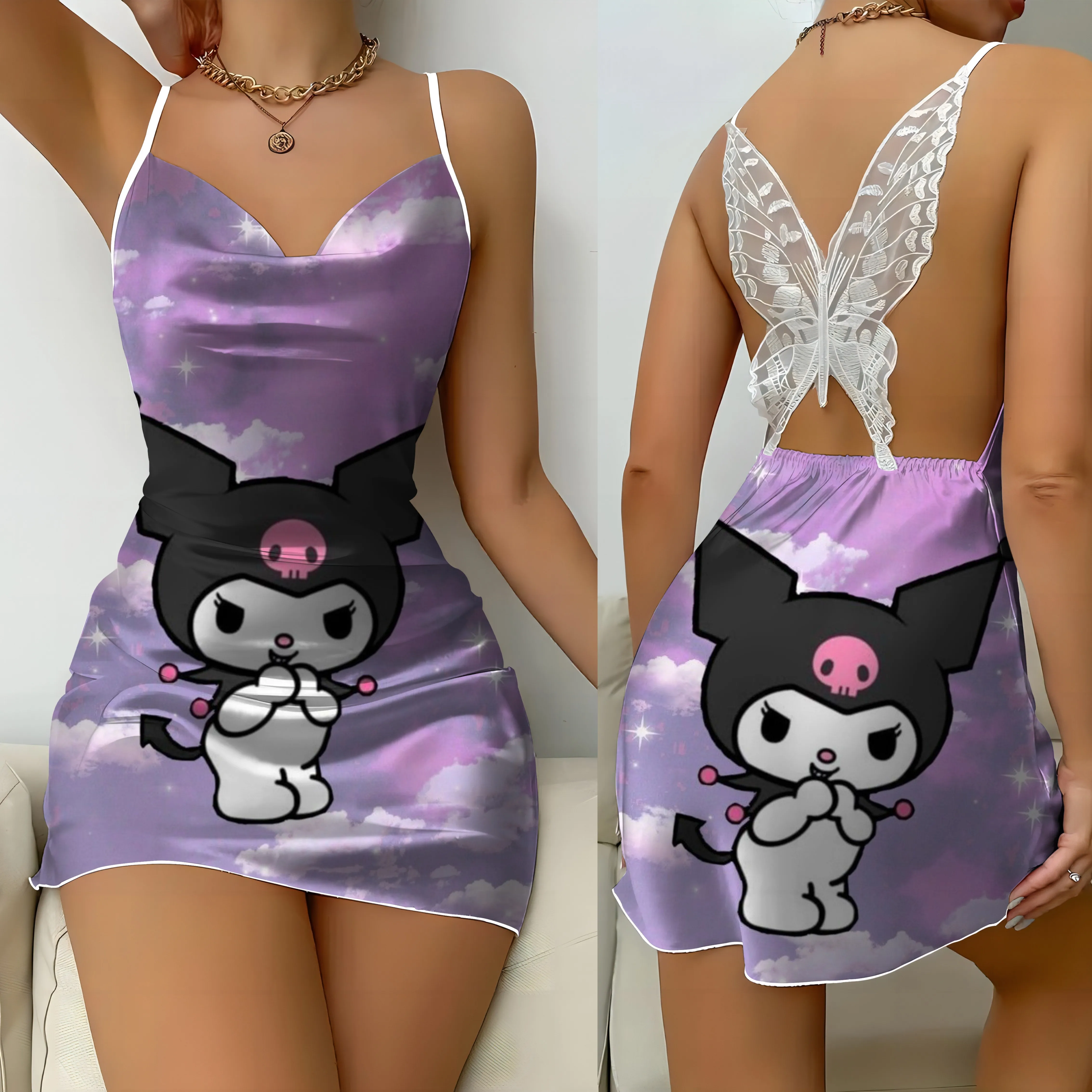 Mini Dress Bow Knot Sanrio Sexy Dresses Kuromi Pajama Skirt Satin Surface Womens Fashion Summer 2024 Party Women's Lace Backless